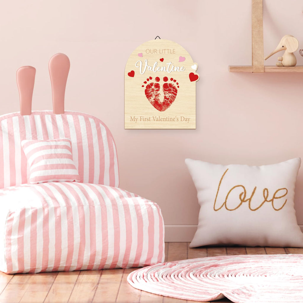 Sereliy Baby's First Valentine's Day DIY Footprint Art Card, Our Little Valentine Wood Sign Milestone Keepsake Ornaments for Baby Shower Newborn Photoshoot Prop (Word)