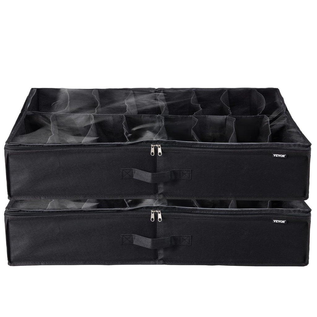 VEVOR Under Bed Shoe Storage Organizer, Set of 2, Total 32 Compartments, Underbed Shoes Closet Storage Solution with Clear Window, Breathable, Foldable Fabric Container Box with Reinforced Handles