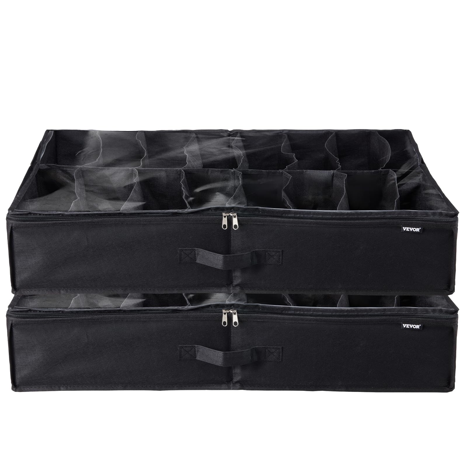 VEVOR Under Bed Shoe Storage Organizer, Set of 2, Total 32 Compartments, Underbed Shoes Closet Storage Solution with Clear Window, Breathable, Foldable Fabric Container Box with Reinforced Handles