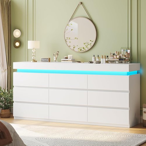 HAUOMS 9-Drawer Dresser - Modern White Chest with LED Light for Bedroom, Living Room & Entryway