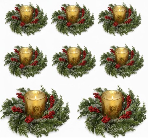 Cinnvoice Christmas Candle Rings - 8 Pcs Artificial Garland with Red Berries for Home Decor | Table Centerpiece