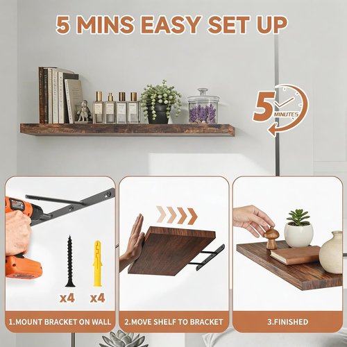 Lifetime Warranty Floating Shelves - Easy Install 15.7 Inch Wall Mounted Wooden Shelves | Set of 3 for Home Decor & Storage