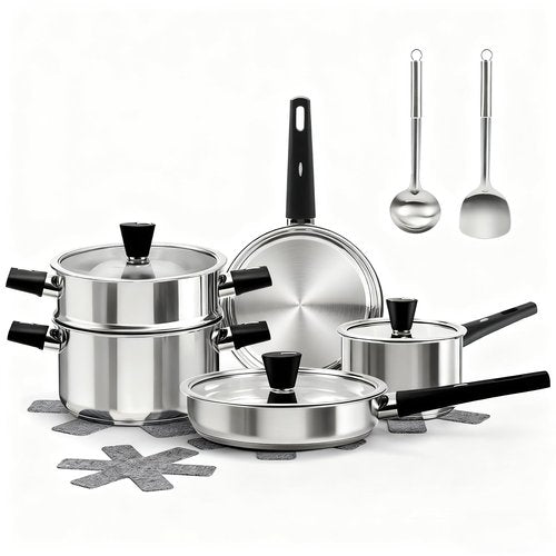 ASKSCICI Stainless Steel Cookware Set, 14-Piece Pots and Pans Set, Kitchen Cookware Set with Stay-Cool Handle, Non-Toxic, Dishwasher Safe & Compatible with All Stovetops (Gas, Electric & Induction)