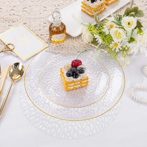 Rubtlamp 100Pcs Clear Gold Plastic Plates, Disposable Plates With Gold Rim, Heavy-duty Party Platos, Hammered Plastic Plates Include 50 Clear Dessert Plates, 50 Dinner Plates for Party