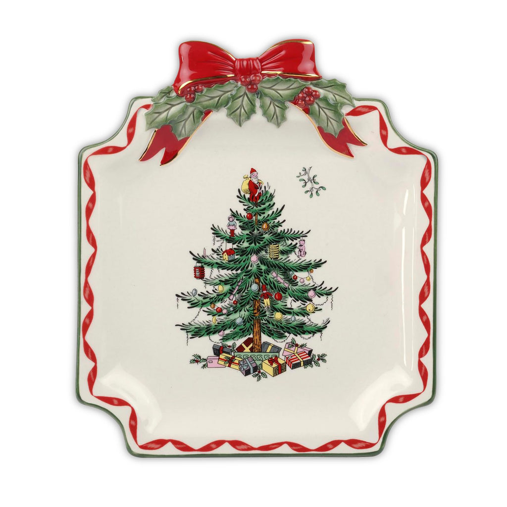 Spode Christmas Tree Ribbons Square Platter with Bow Handles - 11-Inch Holiday Serving Plate for Desserts, Appetizers, & Treats - Festive Christmas Dinnerware with Gold Accents - Dishwasher Safe