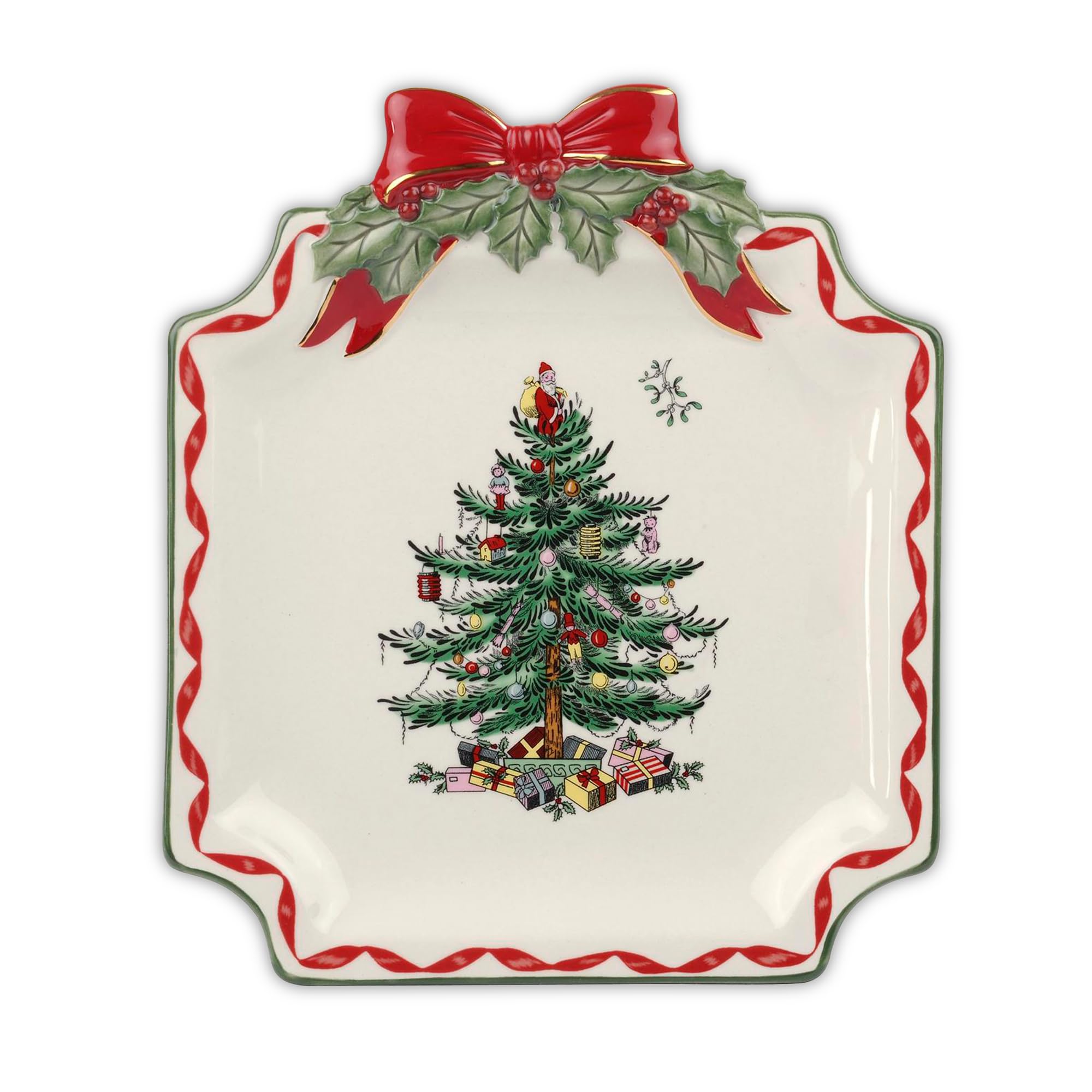 Spode Christmas Tree Ribbons Square Platter with Bow Handles - 11-Inch Holiday Serving Plate for Desserts, Appetizers, & Treats - Festive Christmas Dinnerware with Gold Accents - Dishwasher Safe