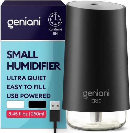 Geniani Portable Cool Mist Humidifier - USB Powered Desktop Humidifier for Plants & Baby Room | Auto Shut Off & Night Light - Black, 0.25L