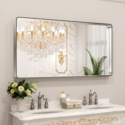 LOAAO Brushed Nickel Bathroom Mirror - 55x30 Inch Rounded Rectangle Design | Anti-Rust, Shatter-Proof, Versatile Hanging Options
