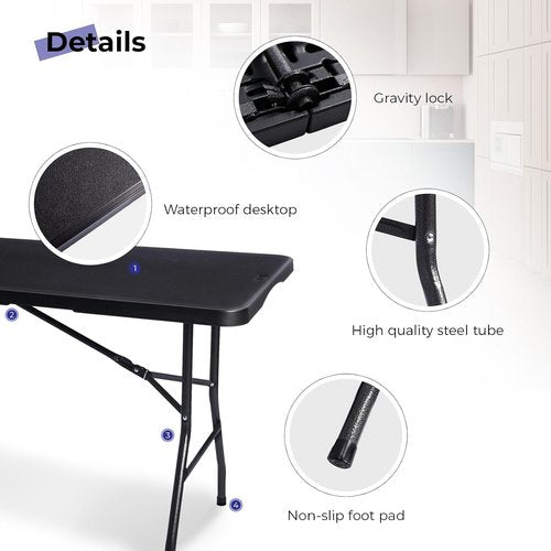 Byliable 6ft Folding Table - Portable Heavy Duty Plastic for Indoor/Outdoor Use | Black with Carrying Handle