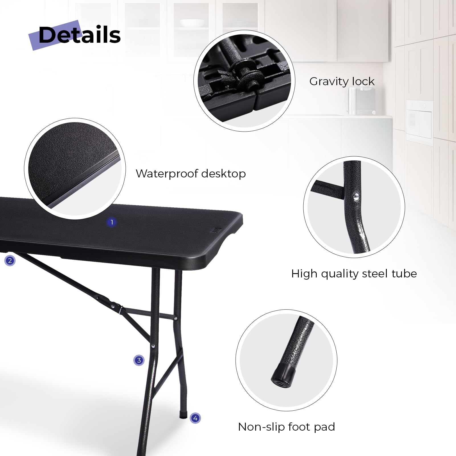 Byliable Folding Table 6ft Portable Heavy Duty Plastic Fold-in-Half 6 Foot Foldable Table Utility Dining Indoor Outdoor with Carrying Handle for Camping Picnic and Party, Black