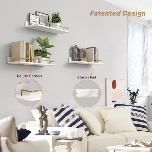 Forbena Gold Floating Shelves - Modern Wall Decor Set of 3 with Guard Rail - White and Gold