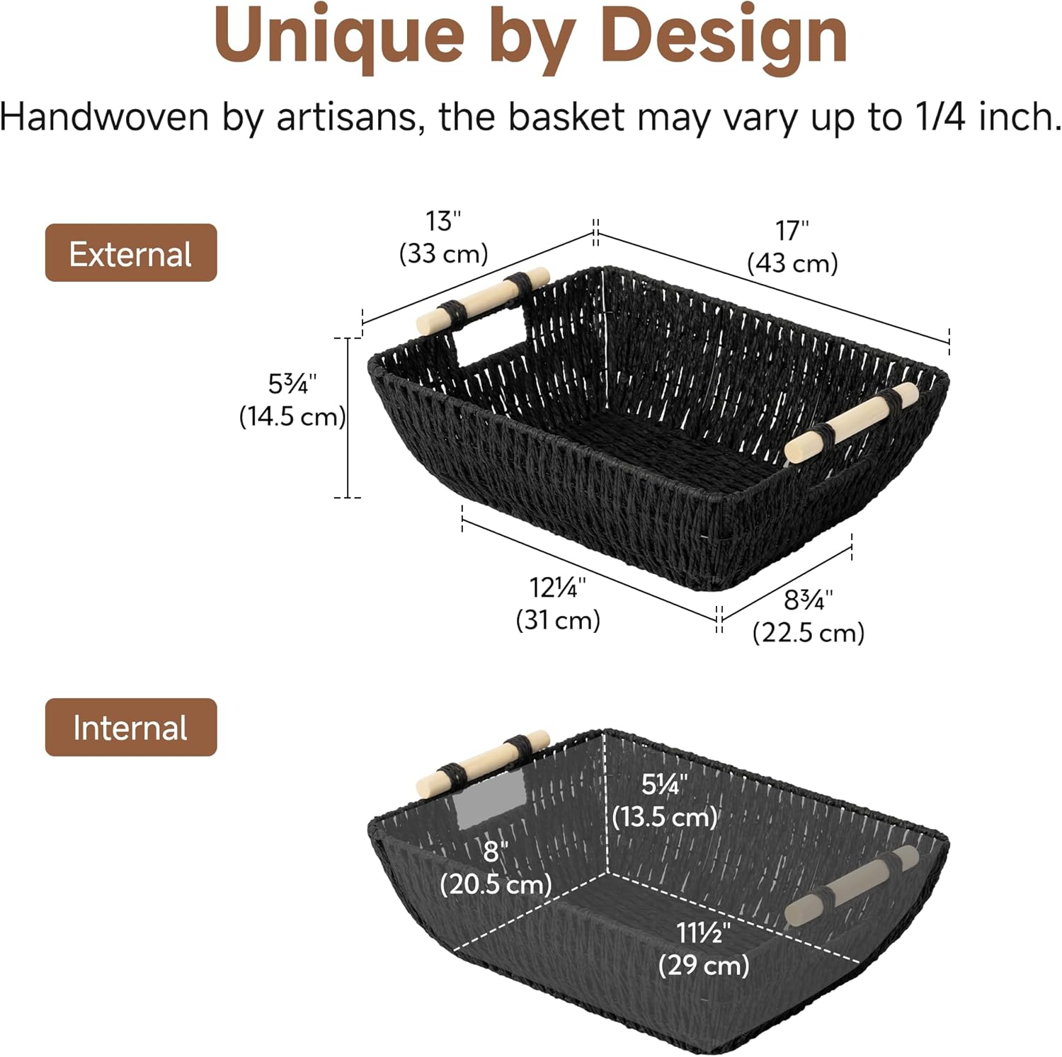 StorageWorks Large Wicker Storage Baskets - Stylish Organizing Solution with Wooden Handles | Black, 2-Pack