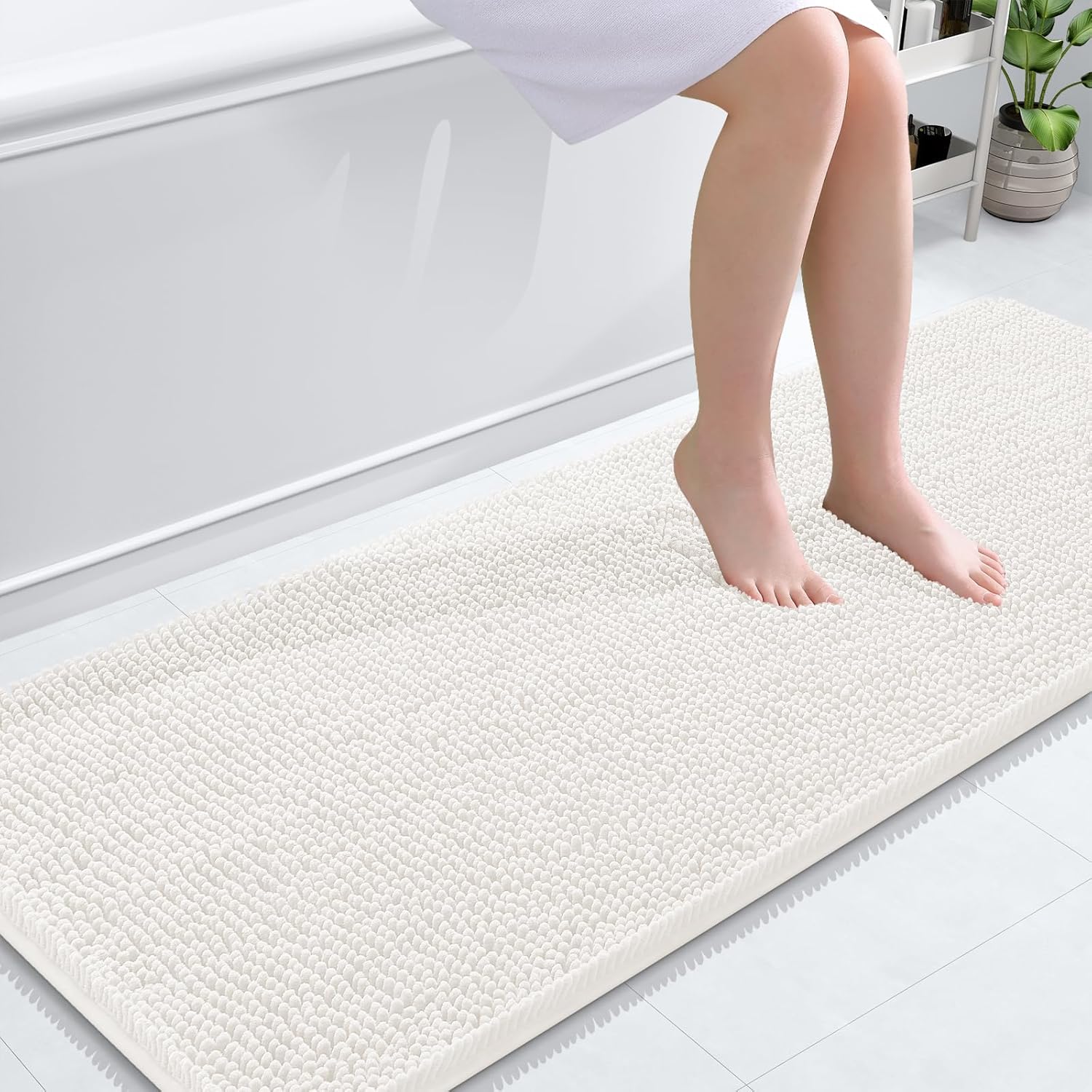 OLANLY Bathroom Rugs - Extra Soft Chenille Bath Mats | Quick-Dry, Machine Washable, 59x24, Ivory