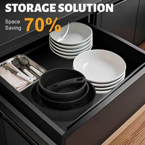 Numola 10 pcs Pots and Pan Set Non Stick with Detachable Handle, Ceramic Cookware Set for Stackable, Induction Kitchen Cookware Set for RV, Dishwasher ＆ Oven Safe, Black