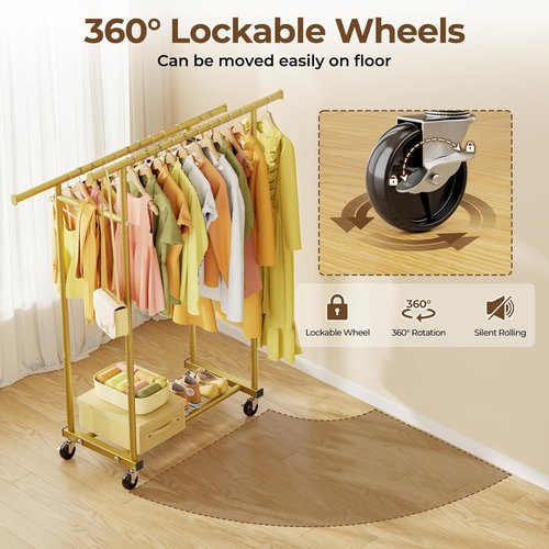 HYSEYY Double Rod Clothing Rack - Sturdy Portable Garment Rack for Bedroom & Laundry | Gold Finish