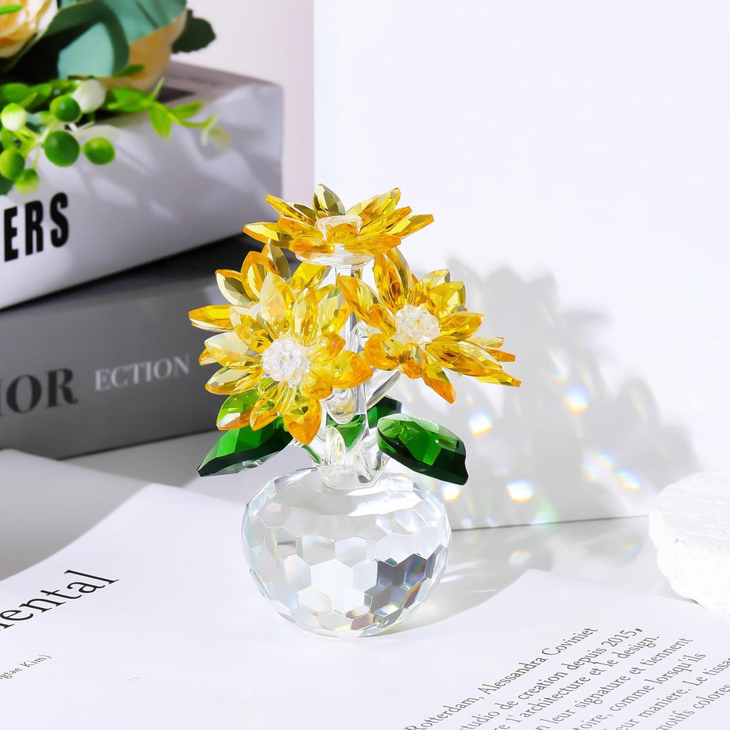 YWHL Handmade Yellow Crystal Flower Figurine - Elegant Glass Decoration Gift for Women | Perfect for Christmas, Valentine's Day, Weddings