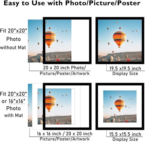 JCJMY 20x20 Black Picture Frame - Display 16x16 Photos with Mat or 20x20 Without | Shatter-Resistant Plexiglass
