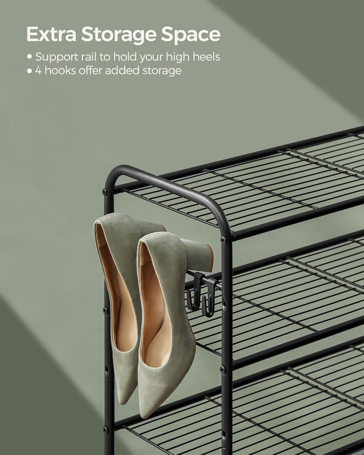 SONGMICS 3-Tier Shoe Rack - Height-Adjustable Metal Organizer with 4 Hooks | Holds 24 Pairs, Ink Black