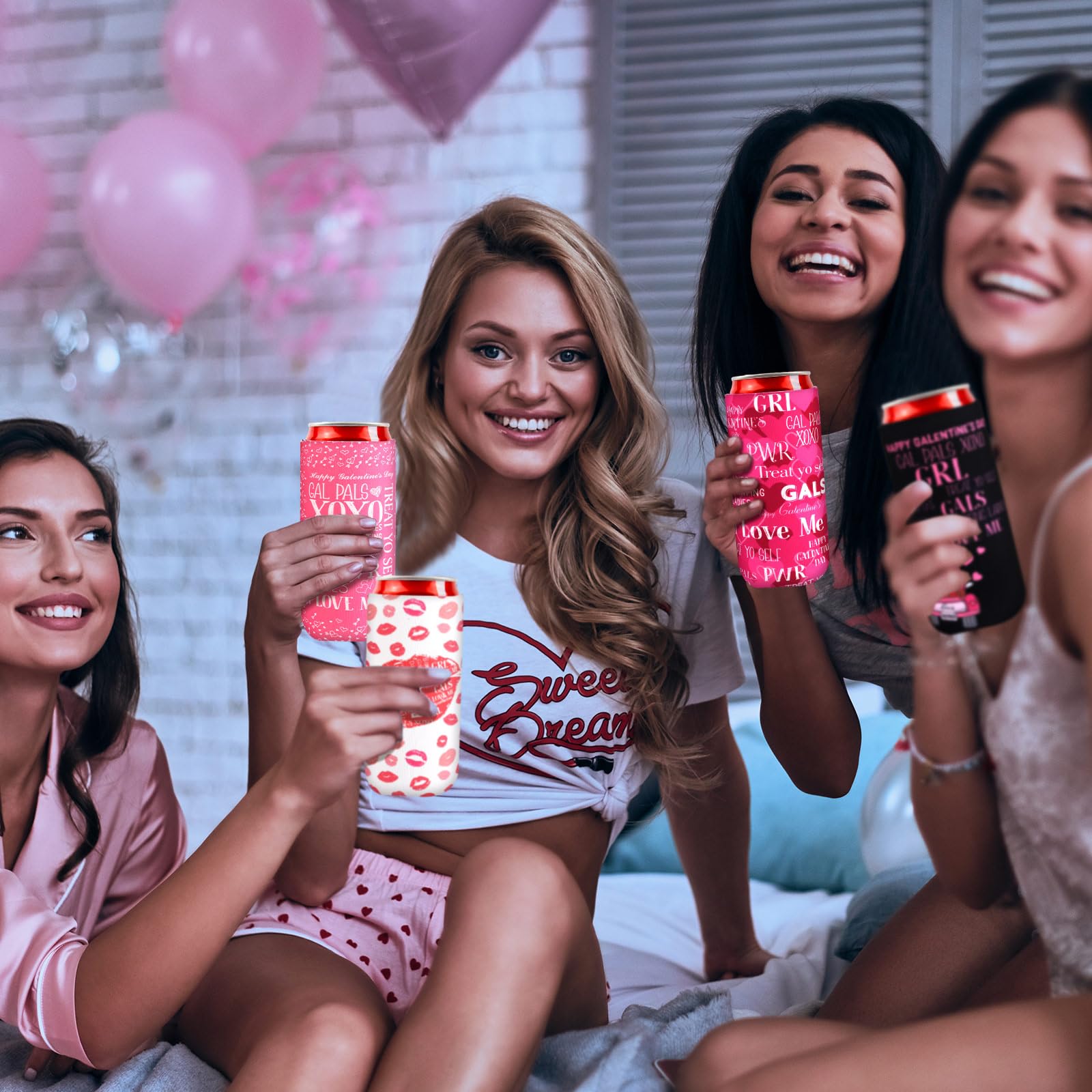 Layhit 12 Pcs Happy Galentine's Day Can Sleeves Celebrating Galentine's Day Beverage Covers for Skinny Cans Cooler Insulated Neoprene Drink Holders for Gathering Party Supplies Favor