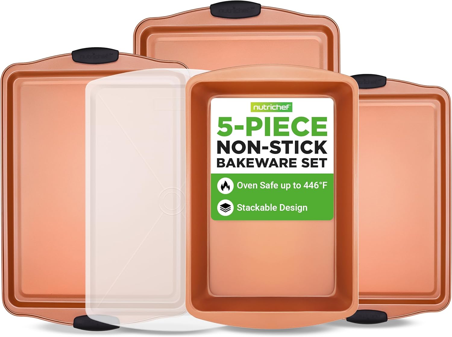 NutriChef 5-Piece Bakeware Set - Premium Non-Stick Baking Pans with Silicone Handles | Ideal for Cakes, Cookies & Brownies
