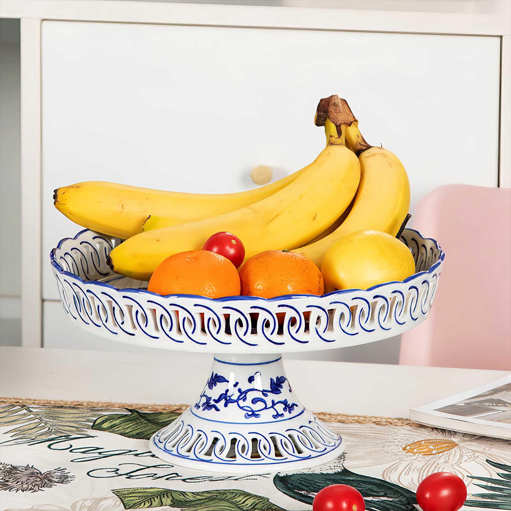 YYMayLsh Decorative Porcelain Fruit Bowl with Pedestal, Blue and White Floral Pattern, 11x5.7 inches