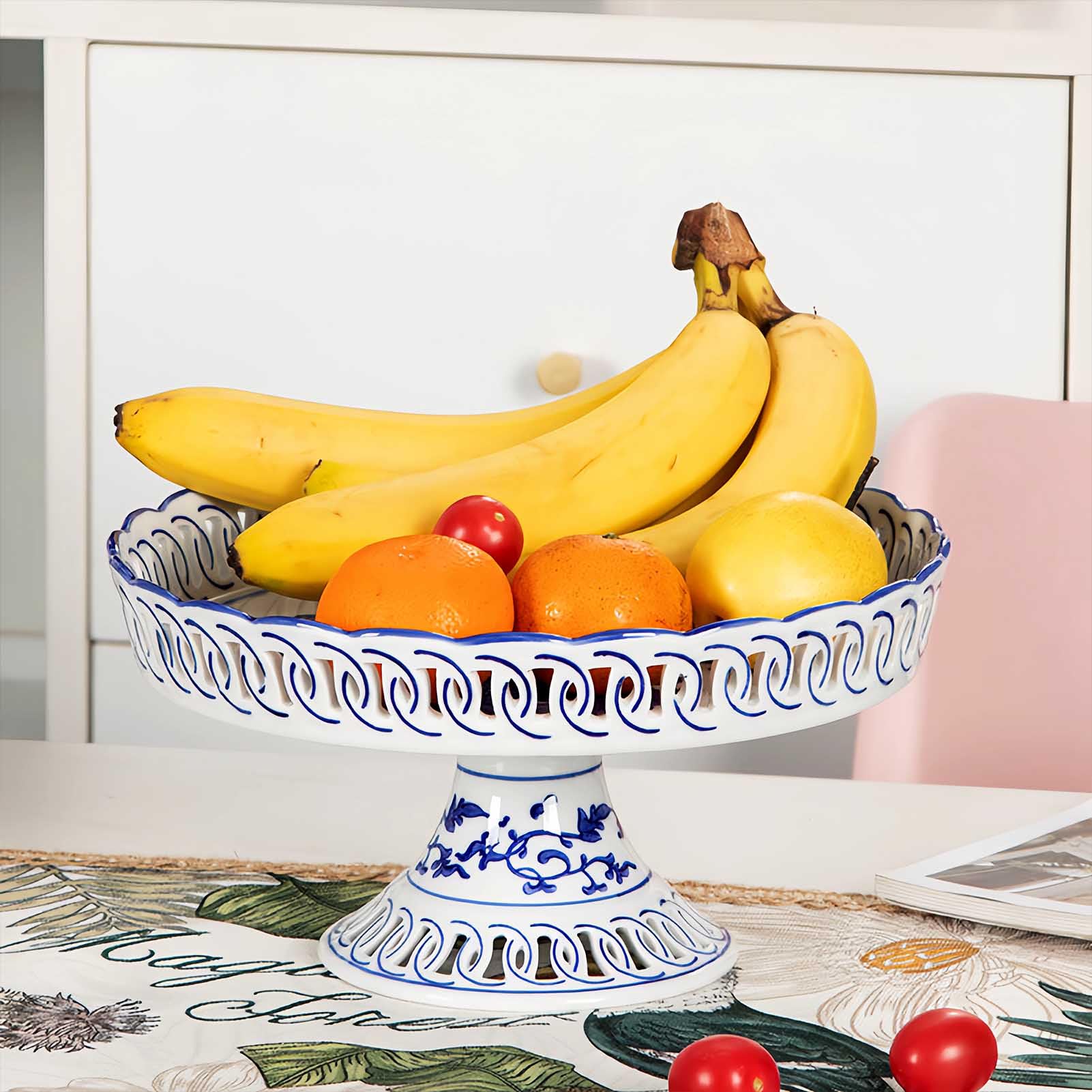 YYMayLsh Decorative Porcelain Fruit Bowl with Pedestal, Blue and White Floral Pattern, 11x5.7 inches