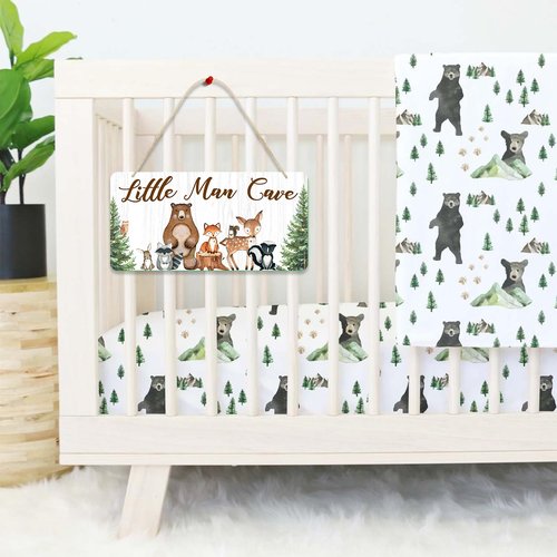 Uflashmi Wood Liitle Man Cave Sign, Woodland Animal Nursery Wall Decor for Baby Boys Room, Woodland Theme Nursey Room Decor for Toddler Boy, 12”x6”