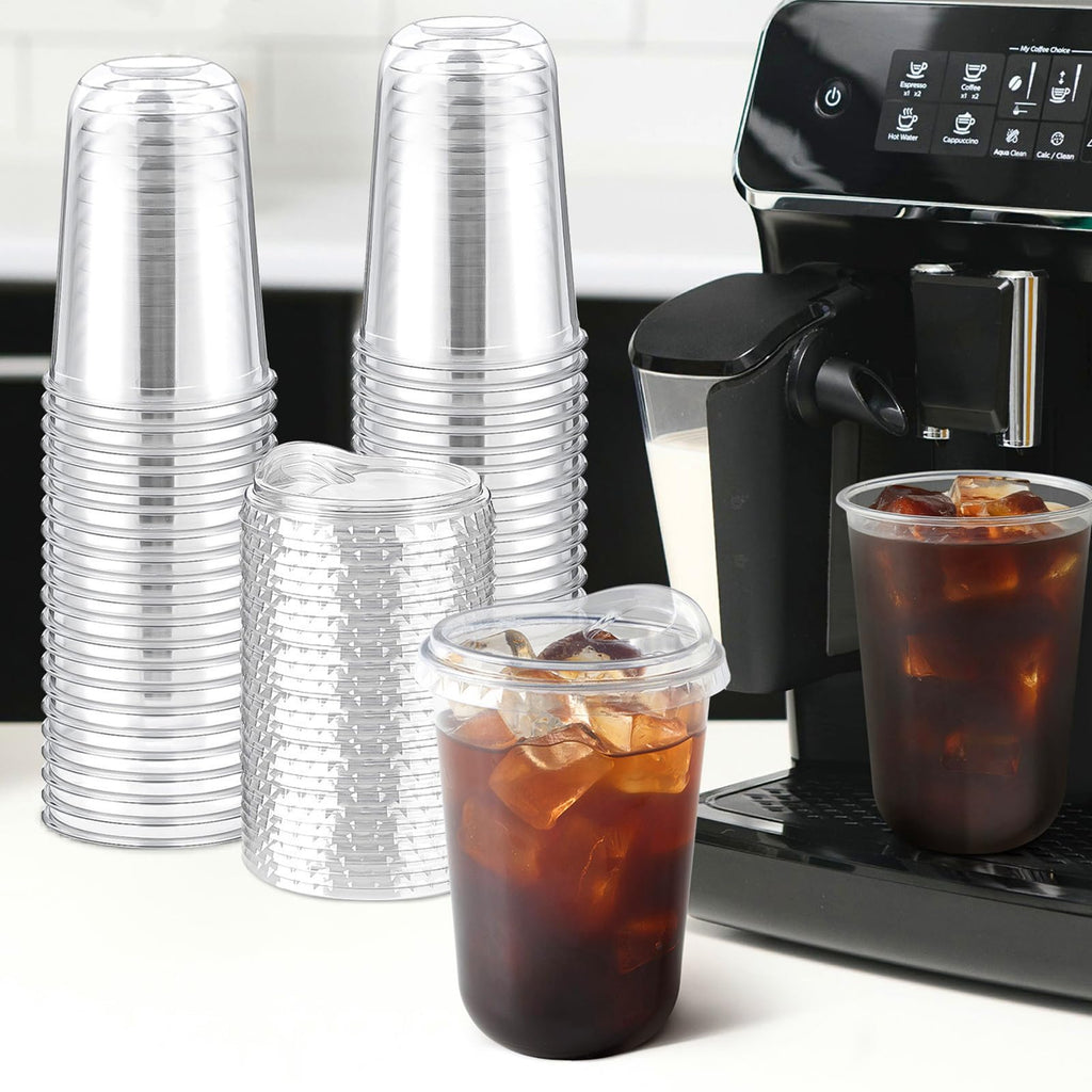 Jycnolm Round Bottom Clear Plastic Cups with Sip Lids, 100 Sets, 16 Oz Disposable Iced Coffee Cups with Strawless Lids To Go Cold Drink Cups for Smoothies, Juices, Party Catering