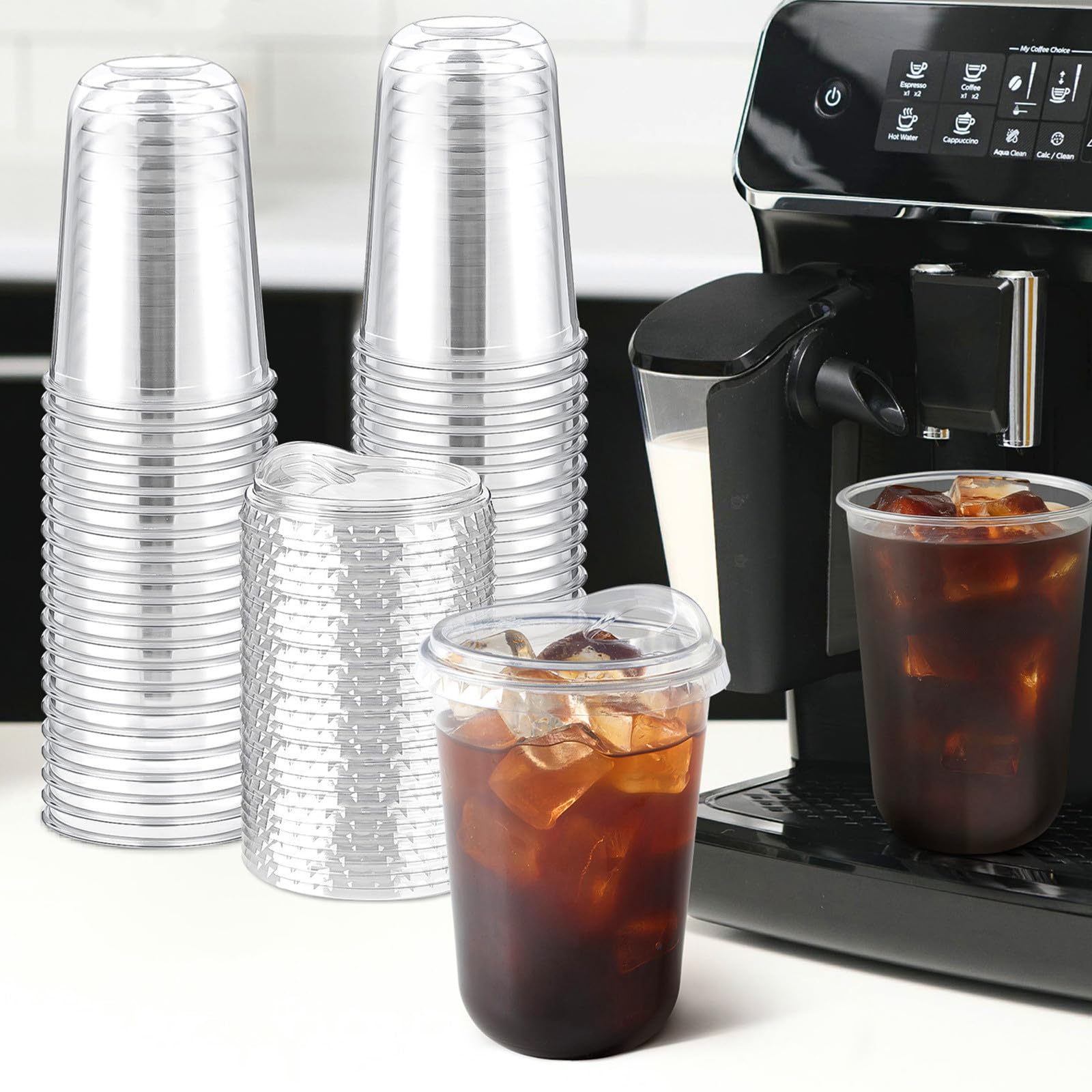 Jycnolm Round Bottom Clear Plastic Cups with Sip Lids, 100 Sets, 16 Oz Disposable Iced Coffee Cups with Strawless Lids To Go Cold Drink Cups for Smoothies, Juices, Party Catering