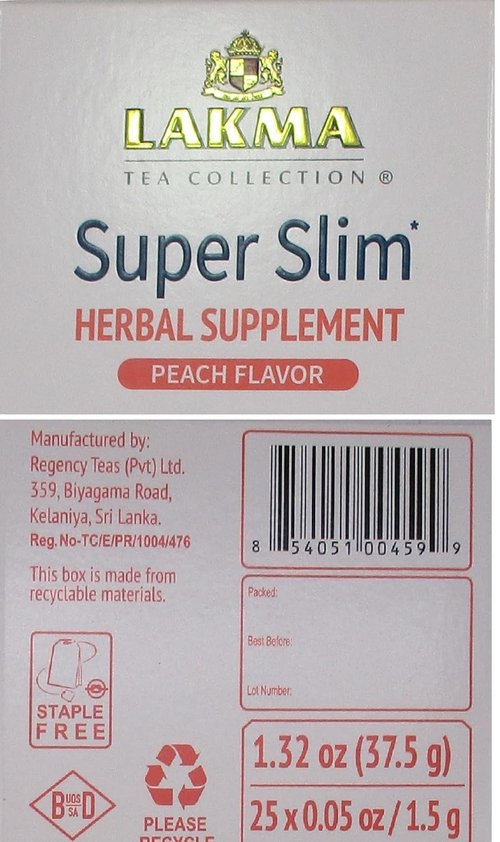 HYLEYS Lakma Super Slim Tea with Peach - 25 Tea Bags - (12 Pack - 300 Tea Bags Total)