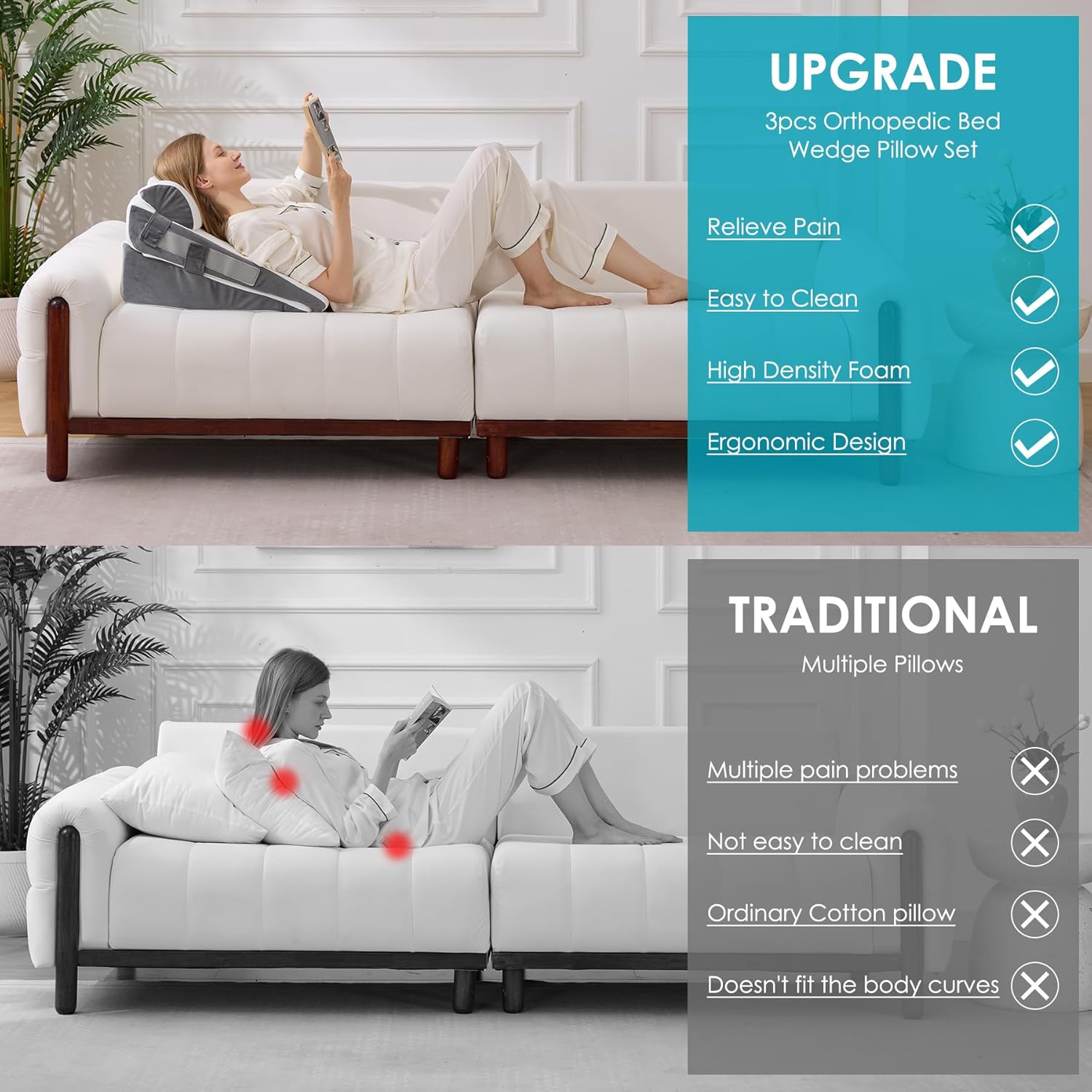 Skiennix Wedge Pillow Set - Adjustable Memory Foam for Acid Reflux Relief | 3-Piece Bed Wedge Pillows in White & Grey