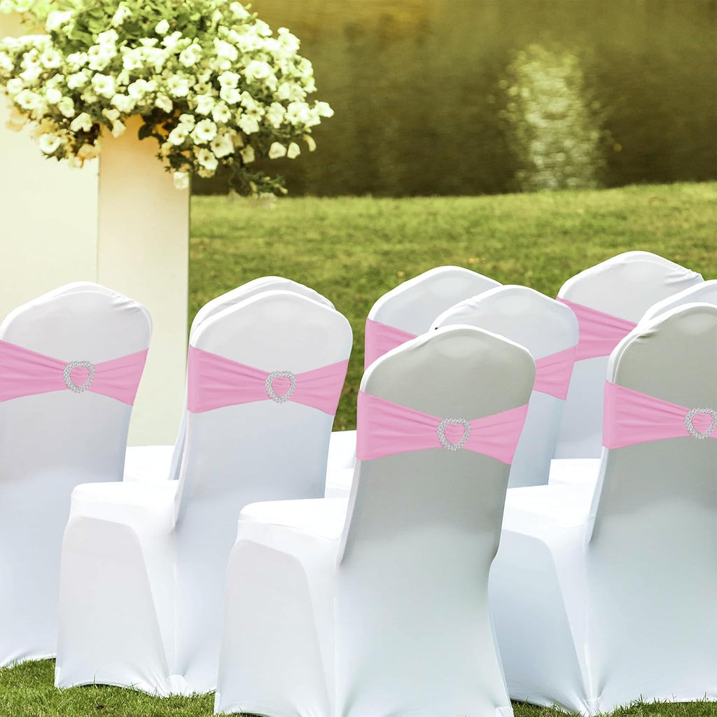 Skiennix Spandex Stretch Chair Sashes - 100PCS Universal Elastic Covers with Buckle Slider | Pink for Weddings & Events