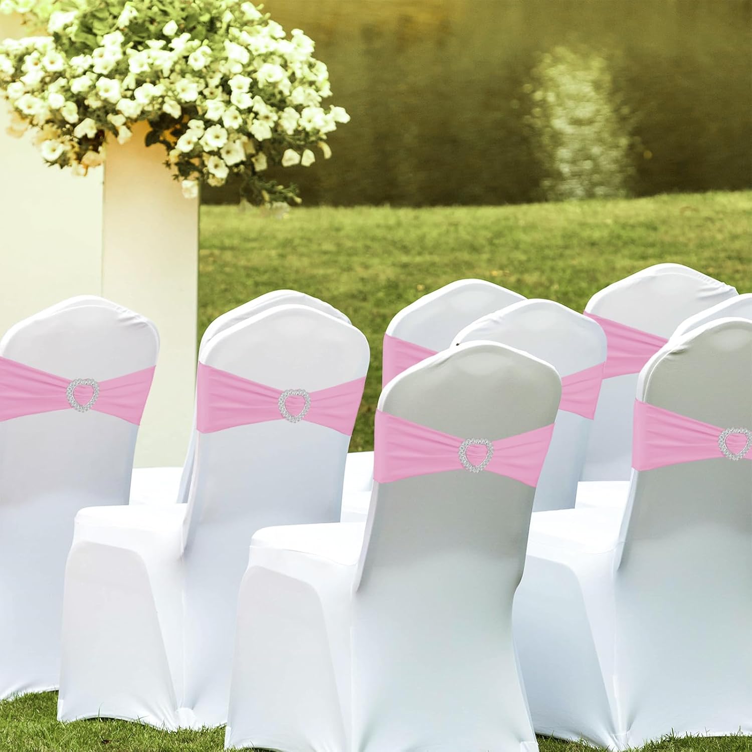 Skiennix Spandex Stretch Chair Sashes - 100PCS Universal Elastic Covers with Buckle Slider | Pink for Weddings & Events