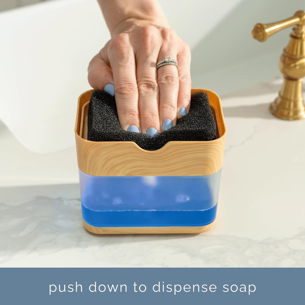 S&T INC. Dish Soap Dispenser - Waterproof Labels & Sponge Included | 13 Oz Plastic & Bamboo