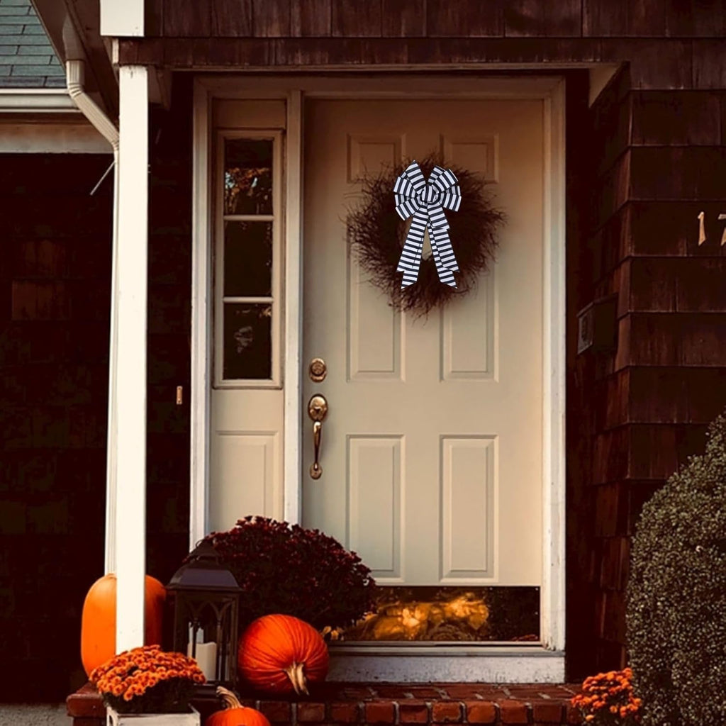 Meseey Christmas Ribbon Bow - Large Black and White Striped Design | 20 x 11 Inch for Wreaths & Decorations