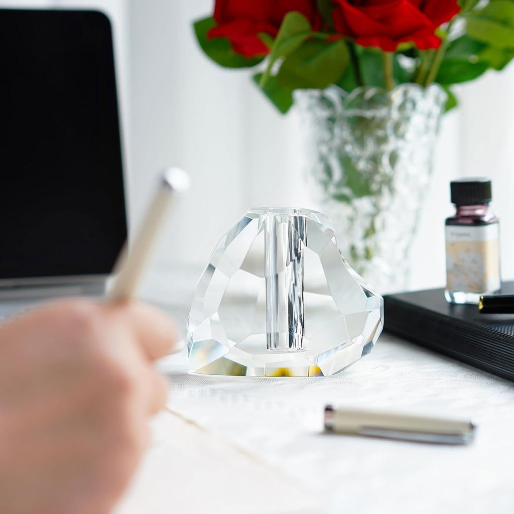 QFkris Crystal Heart Shaped Pen Holder - Elegant Glass Feather Desk Organizer | 3.5" Fountain Pen Stand