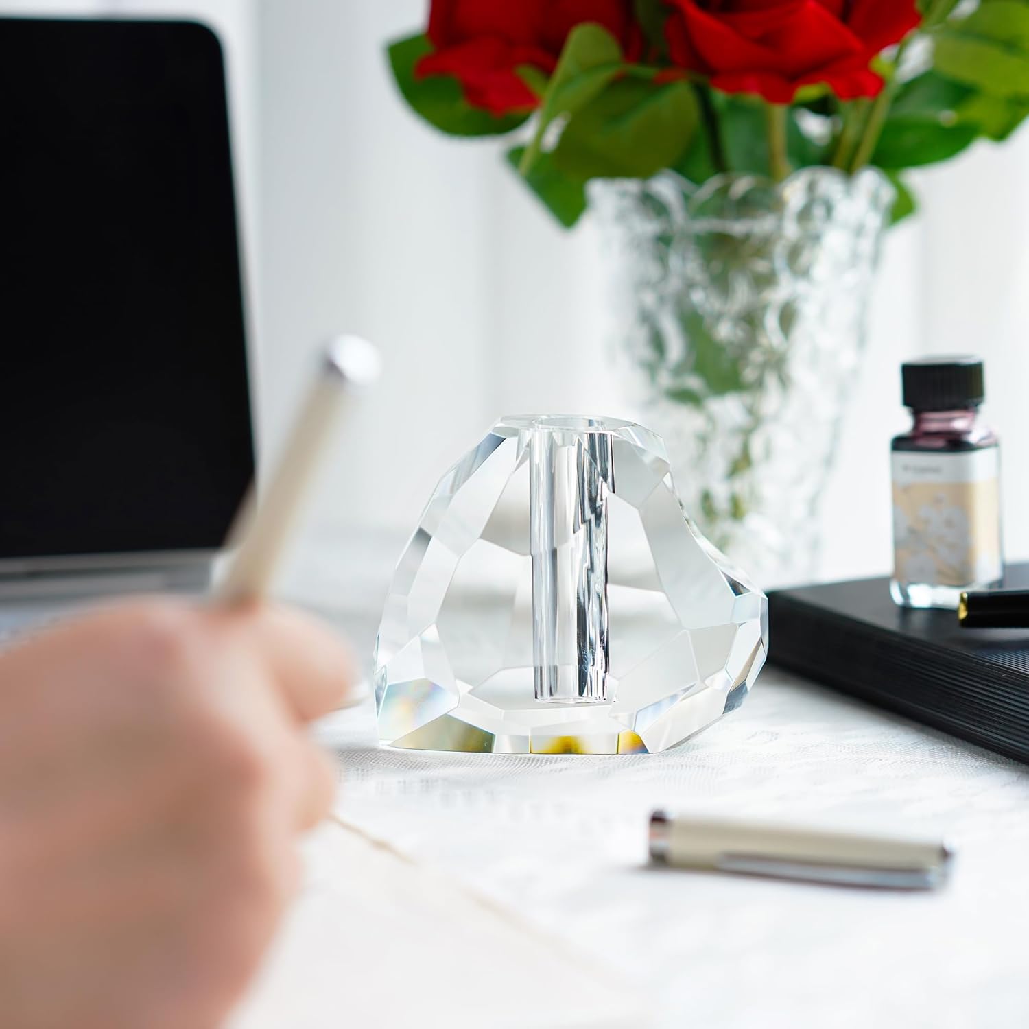 QFkris Crystal Heart Shaped Pen Holder - Elegant Glass Feather Desk Organizer | 3.5" Fountain Pen Stand