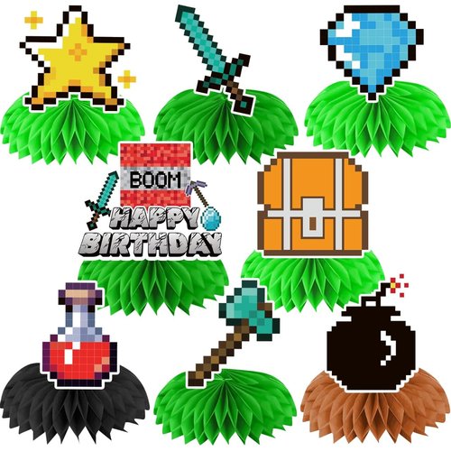 8PCS Pixel Theme Birthday Party Decoration Honeycomb Party Centerpieces for Table Decoration supplies