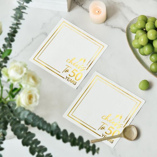 Horaldaily 50 Pack Cheers to 50 Years Cocktail Napkins, 5x5 Inches White and Gold Foil Birthday Decorations Paper Napkins for Party Anniversary Lunch Dinner