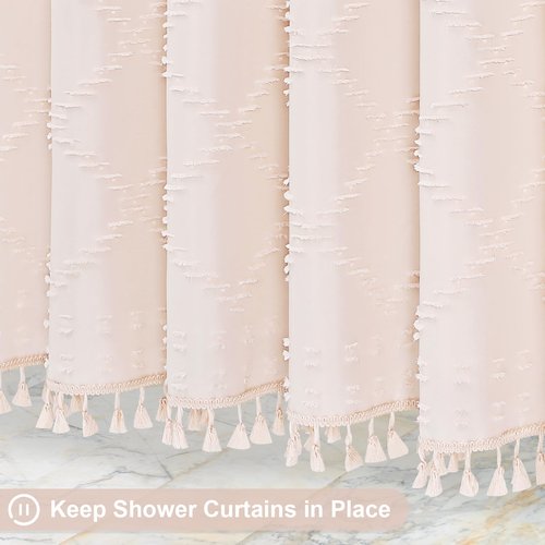 Craidlela Boho Light Pink Woven Fabric Shower Curtain with Tassel 72 x 72 Modern Farmhouse Minimalist, Pink Bohemia Tufted Chevron Striped Chic Textured, Waterproof Cloth Curtain for Bathroom