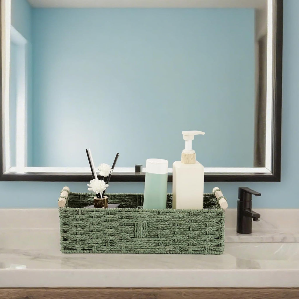 Regine Switzerland Toilet Paper Storage Basket - Decorative Green Wicker Organizer with Wooden Handles