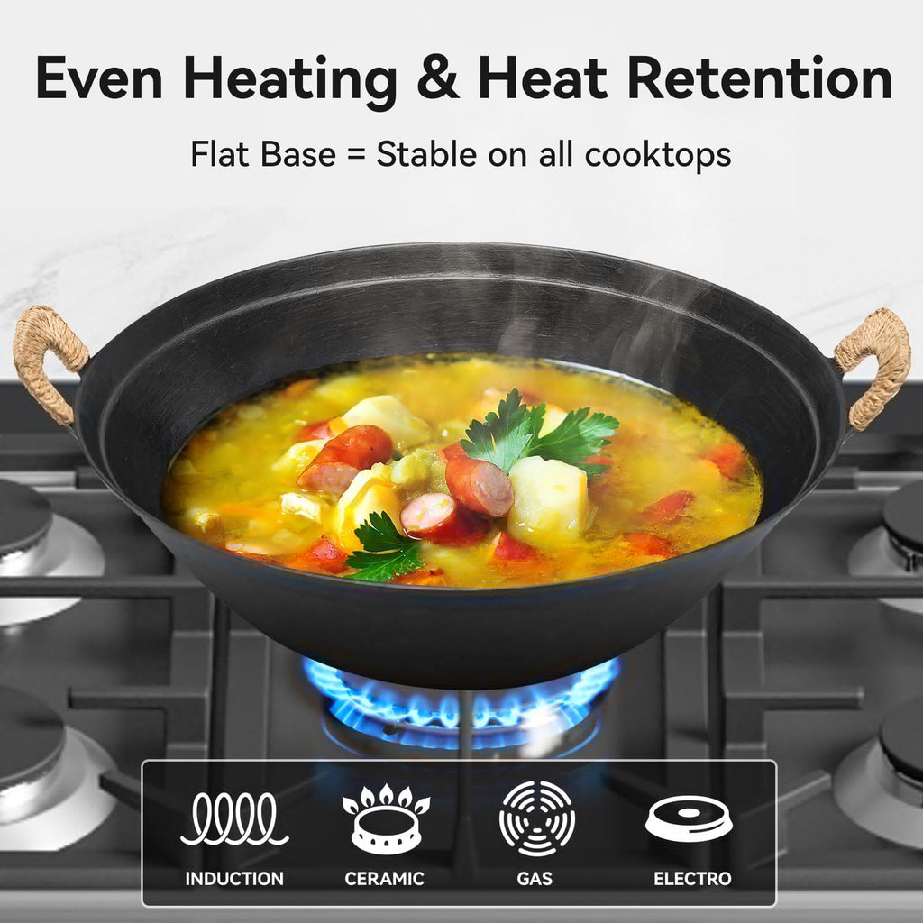WANGYUANJI 13.4 Inch Cast Iron Wok with Wooden Lid and Iron Spatula, Flat Bottom Double-Handle Chinese Stir Fry Pan, Uncoated Cast Iron Wok for Induction, Gas and Electric Stoves