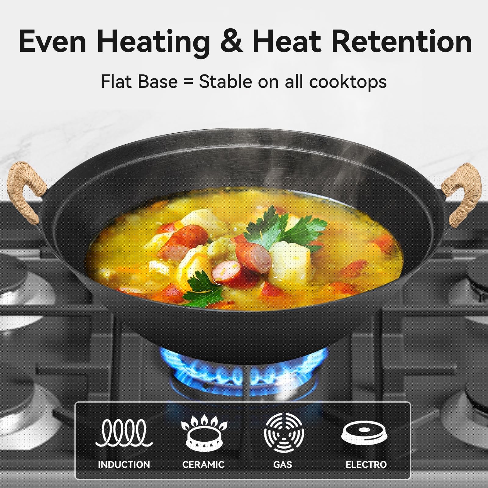 WANGYUANJI 13.4 Inch Cast Iron Wok with Wooden Lid and Iron Spatula, Flat Bottom Double-Handle Chinese Stir Fry Pan, Uncoated Cast Iron Wok for Induction, Gas and Electric Stoves