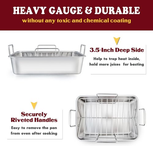 E-far Stainless Steel Roasting Pan - 14 x 10.6 Inch Turkey Roaster with V Rack & Baking Rack | Dishwasher Safe