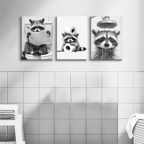 DCMVJHZV Funny Bathroom Wall Art - Cute Raccoon Canvas Prints | Modern Black & White Decor (12"x16", 3 Pcs)