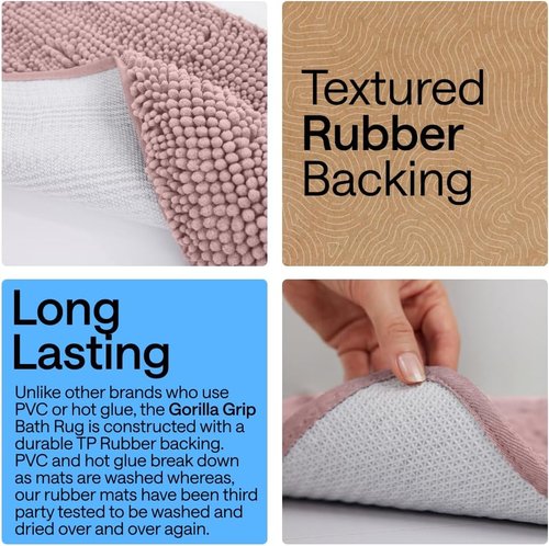 GORILLA GRIP Bath Rug Mat - Thick Soft Absorbent Chenille | Quick Dry Microfiber, 24x17 Dusty Rose