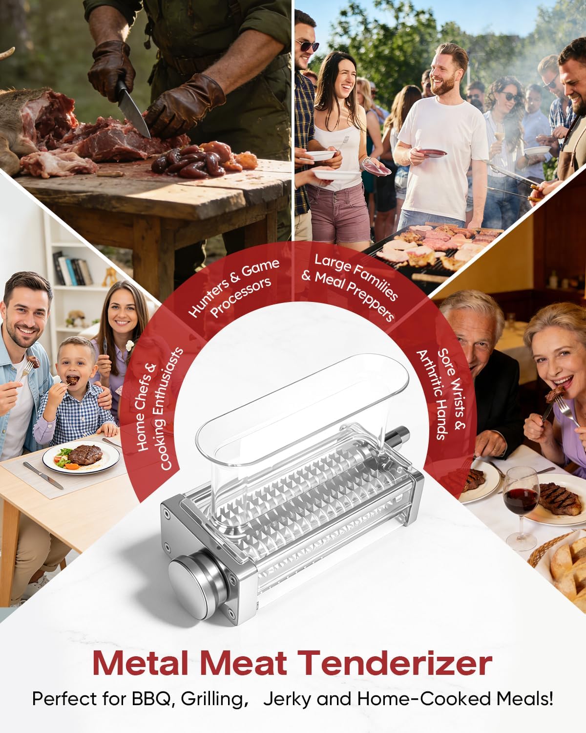 Skiennix Adjustable Meat Tenderizer Attachment - 3 Thickness Settings for KitchenAid Mixers | Durable Metal Wheel & Tall Chute