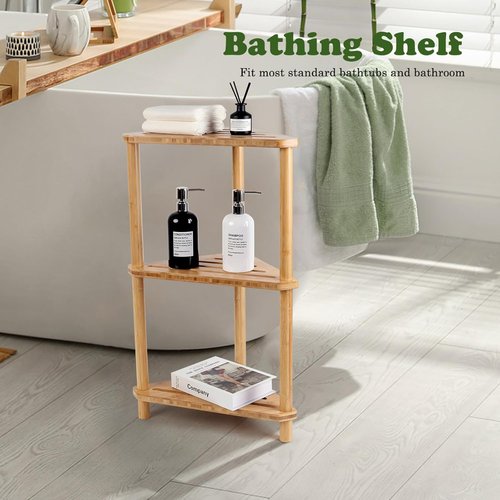 Bamboo Corner Shower Caddy Stand - 3-Tier Waterproof Bathroom Organizer | Space-Saving Design with Anti-Slip Feet