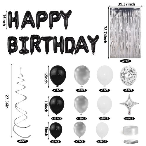 92 PCS Black and Silver Happy Birthday Decorations Balloons Fringe Curtains Vortex for Boys Men Girls Women 16th 18th 20th 21st 25th 30th 40th 50th 60th Birthday Party Decorations (Black Silver)