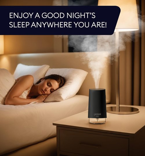 Geniani Portable Cool Mist Humidifier - USB Powered Desktop Humidifier for Plants & Baby Room | Auto Shut Off & Night Light - Black, 0.25L